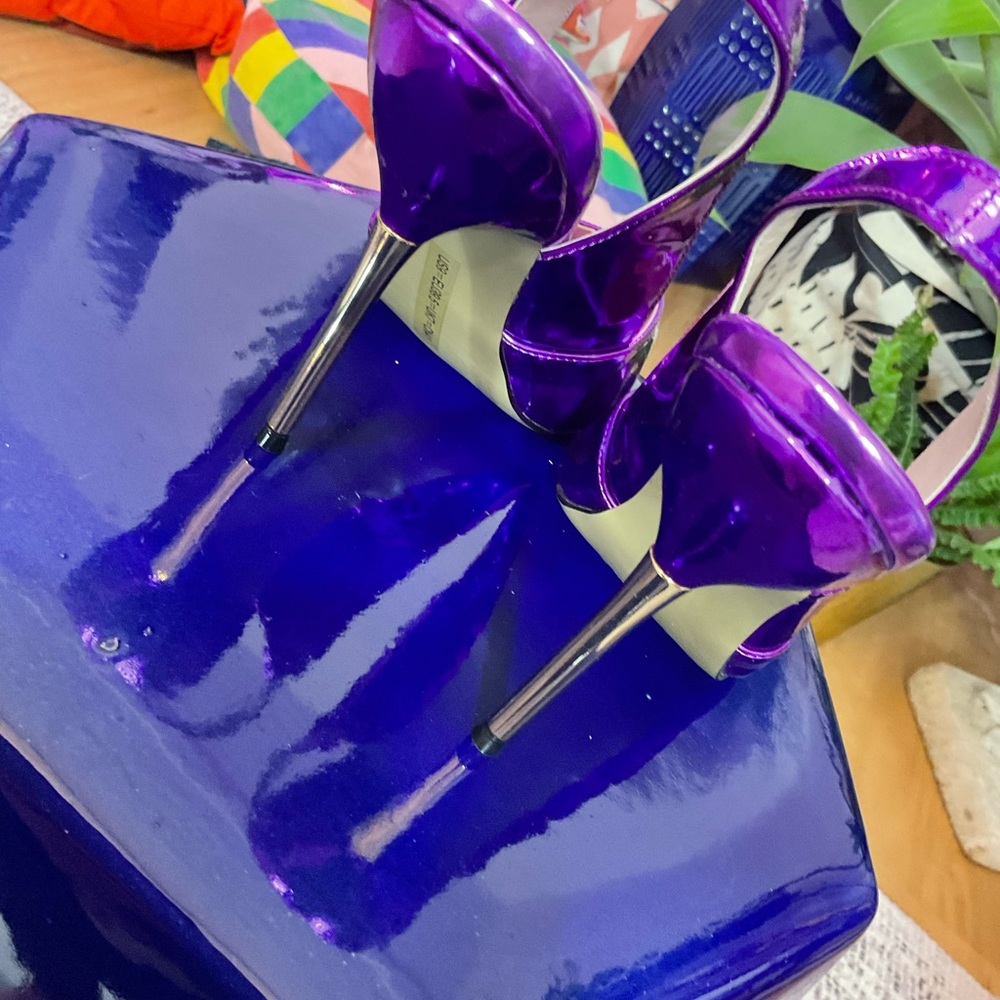 Patent Neon Purple Slingback Peep Toe Stiletto Heels - Picture 2 of 4